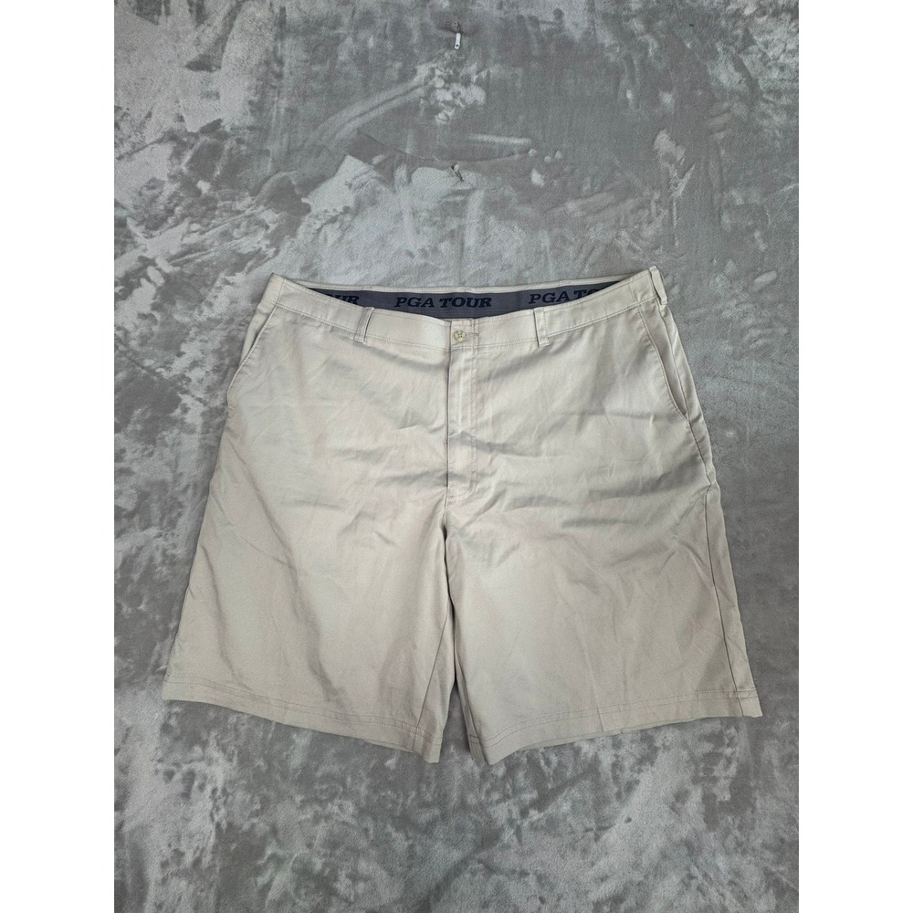 PGA‎ TOUR Mens Beige Chino Golf Shorts Flat Front Stretch Waist Size 42
